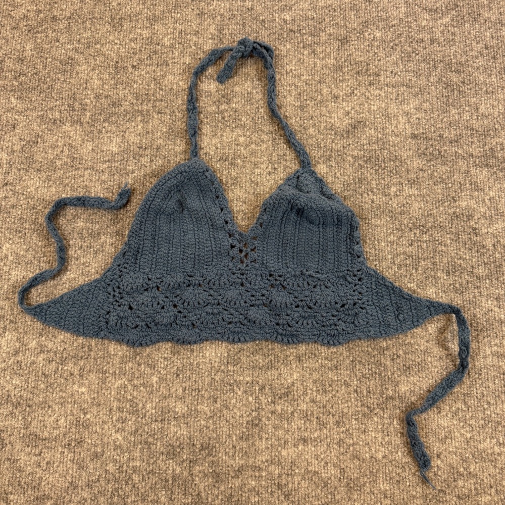 Coquette Blue Crochet Halter Crop Top Boho Festival Scalloped Triangle Bralette